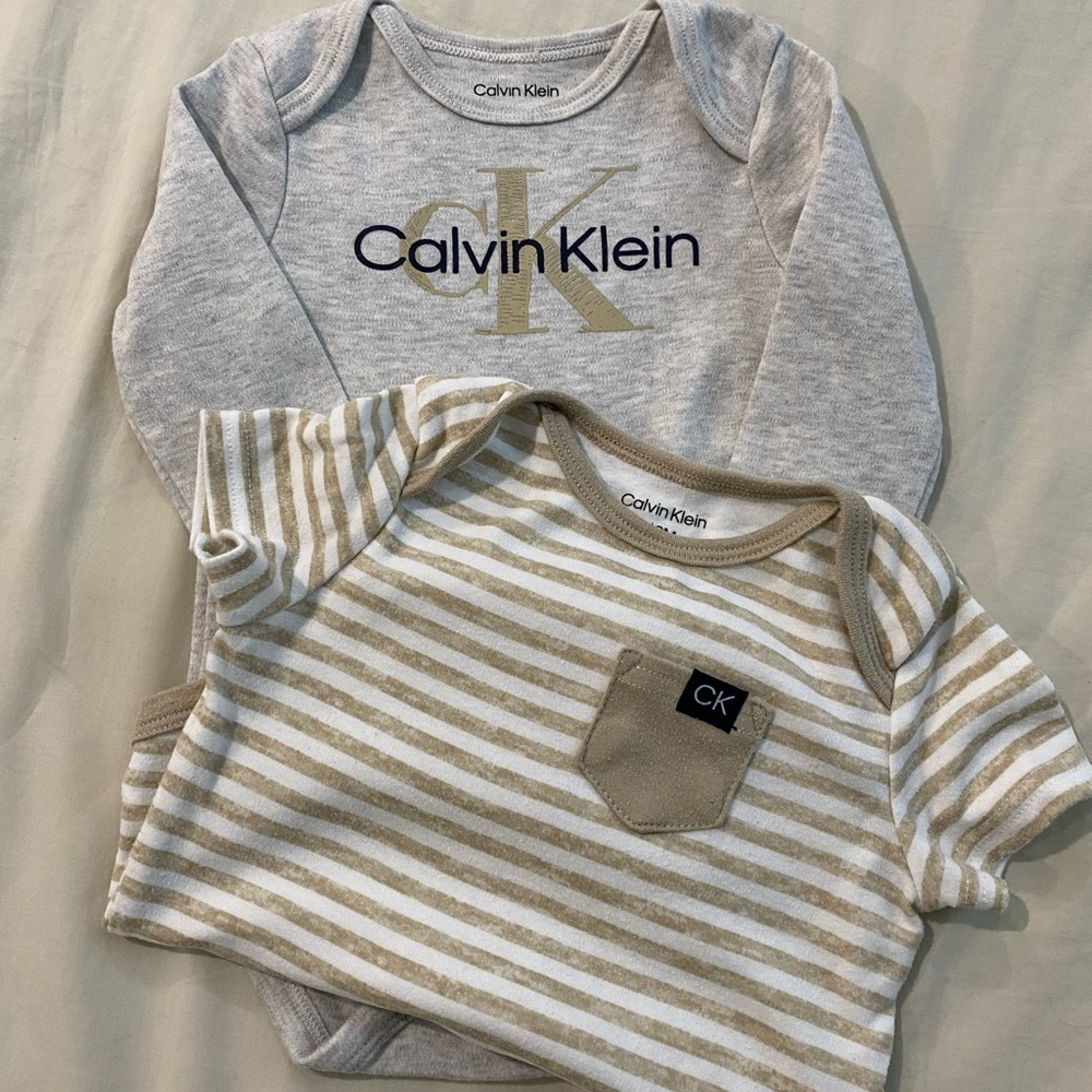 Calvin Klein Gray Long Sleeve and Tan Striped  Onesies